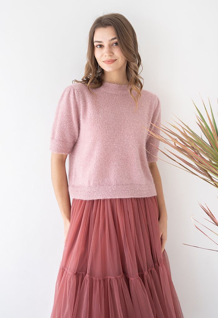 Round Neck Shimmer Fuzzy Knit Top in Berry