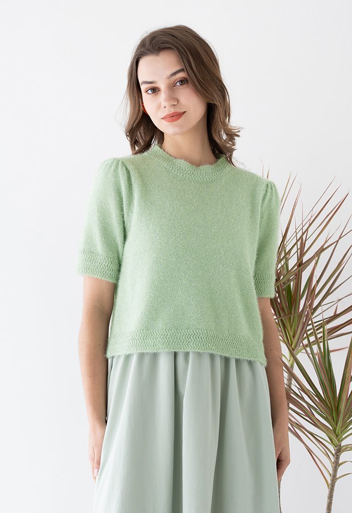 Round Neck Shimmer Fuzzy Knit Top in Mint - Retro, Indie and 
