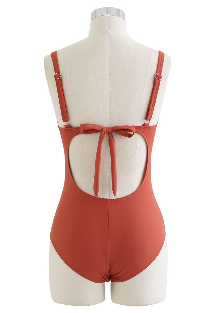 Ruched Lace-Up Front Open Back Swimsuit in Rust Red