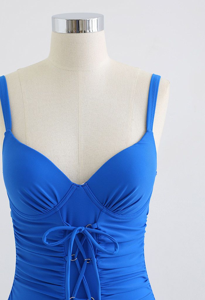 Ruched Lace-Up Front Open Back Swimsuit in Blue