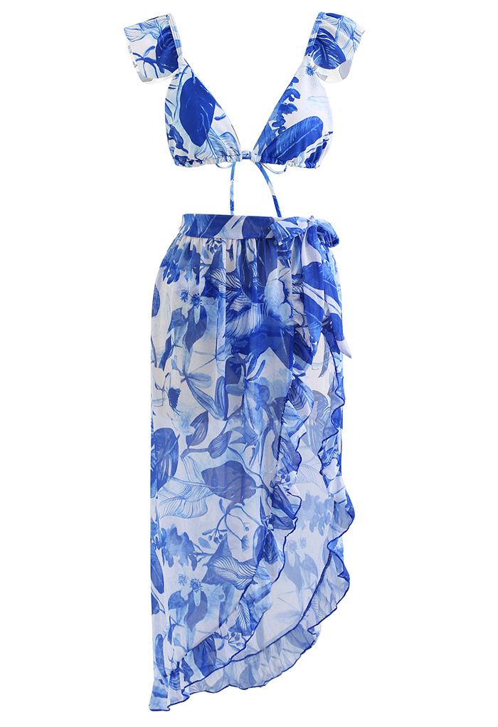 Rainforest Vibe Flutter Strap Bikini Cover-Up Set in Blue