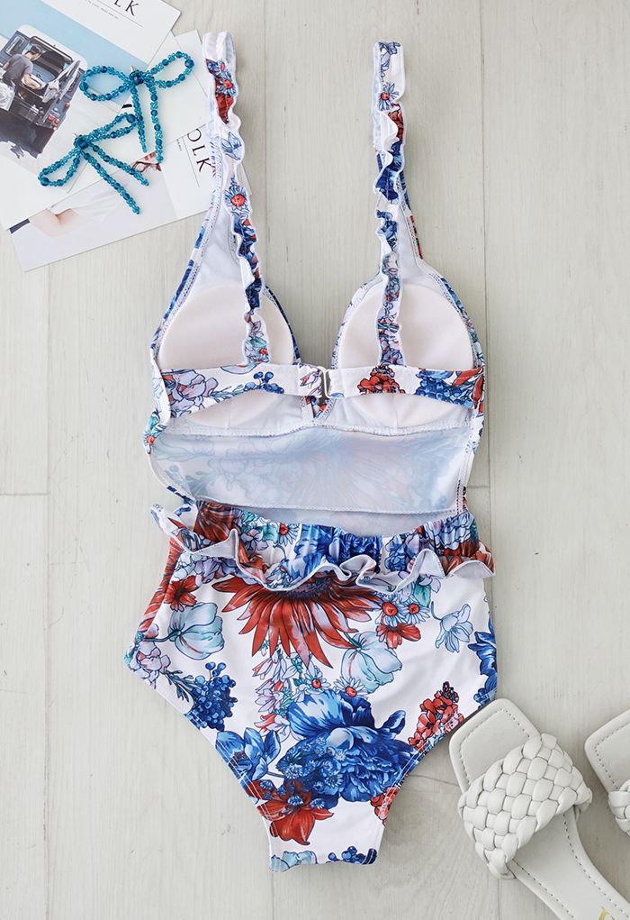 Open Back Ruffle Floral Swimsuit