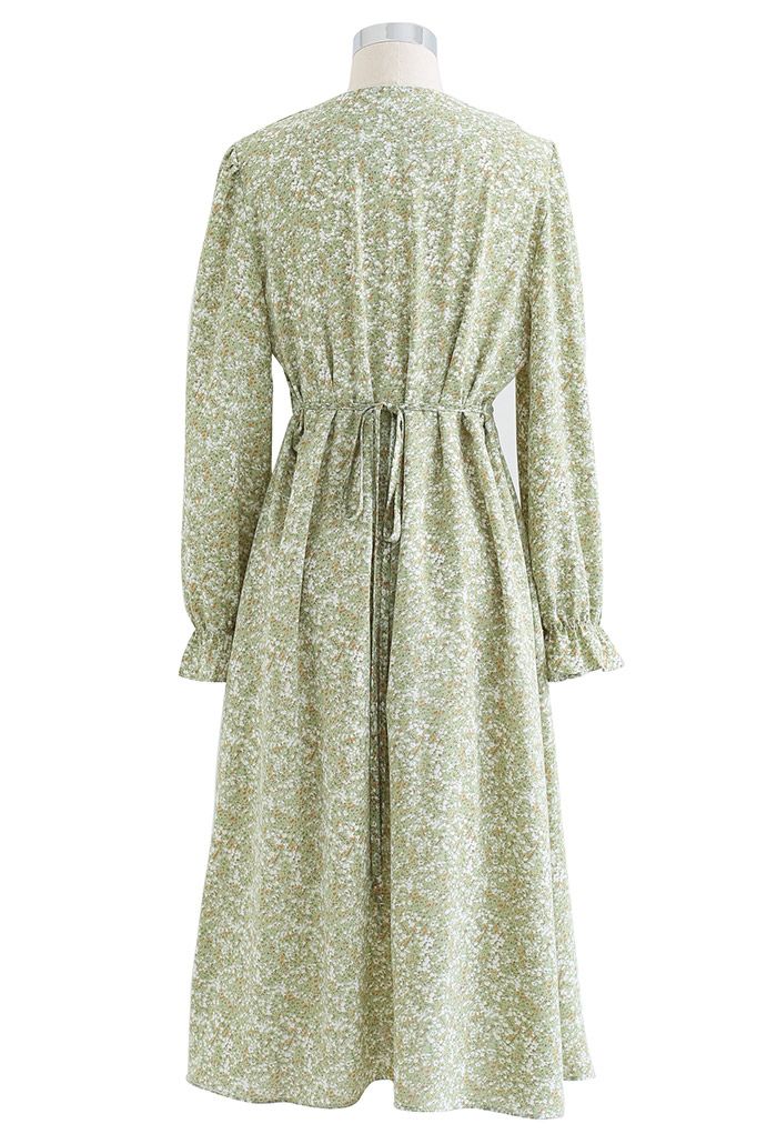 Ditsy Floral Ruffle V-Neck Midi Dress in Green - Retro, Indie and ...