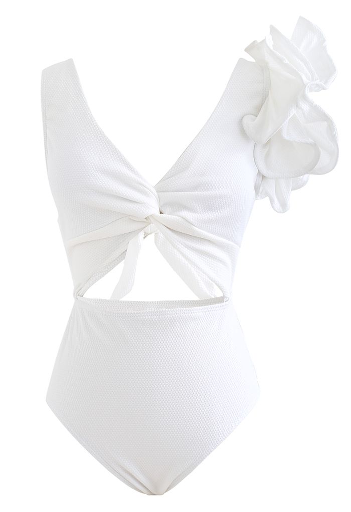 Solid White Ruffle Shoulder Cutout Swimsuit - Retro, Indie and Unique ...