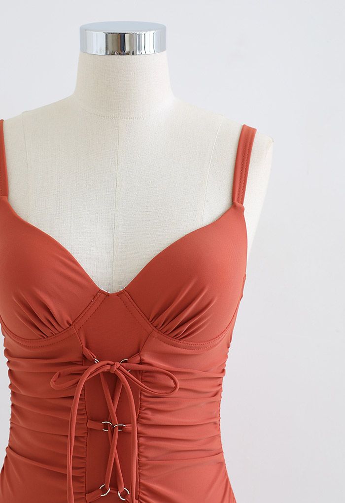 Ruched Lace-Up Front Open Back Swimsuit in Rust Red - Retro, Indie and ...