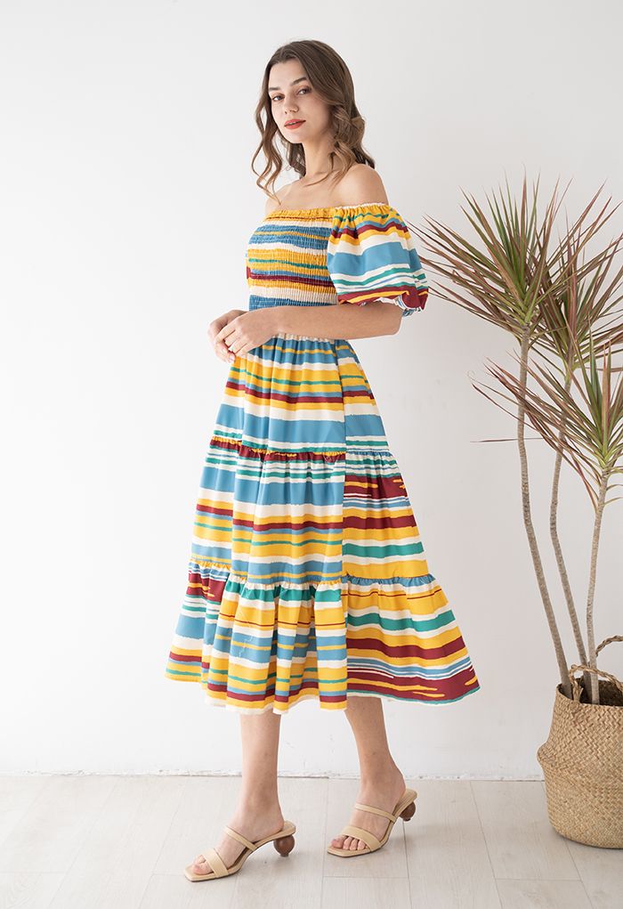 Summer Vacay Striped Off-Shoulder Shirred Maxi Dress - Retro, Indie and ...