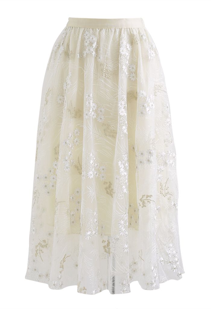 Divine Daisy Embroidered Mesh Tulle Skirt in Cream - Retro, Indie and ...