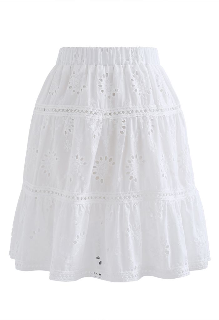 Floral Eyelet Ruffle Hem Mini Skirt in White