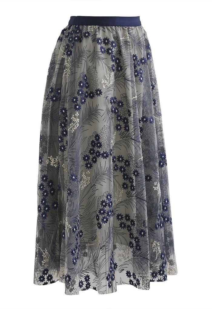 Divine Daisy Embroidered Mesh Tulle Skirt in Navy - Retro, Indie and ...