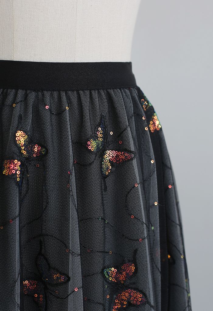 Sequin Butterfly Embroidered Mesh Tulle Skirt in Black