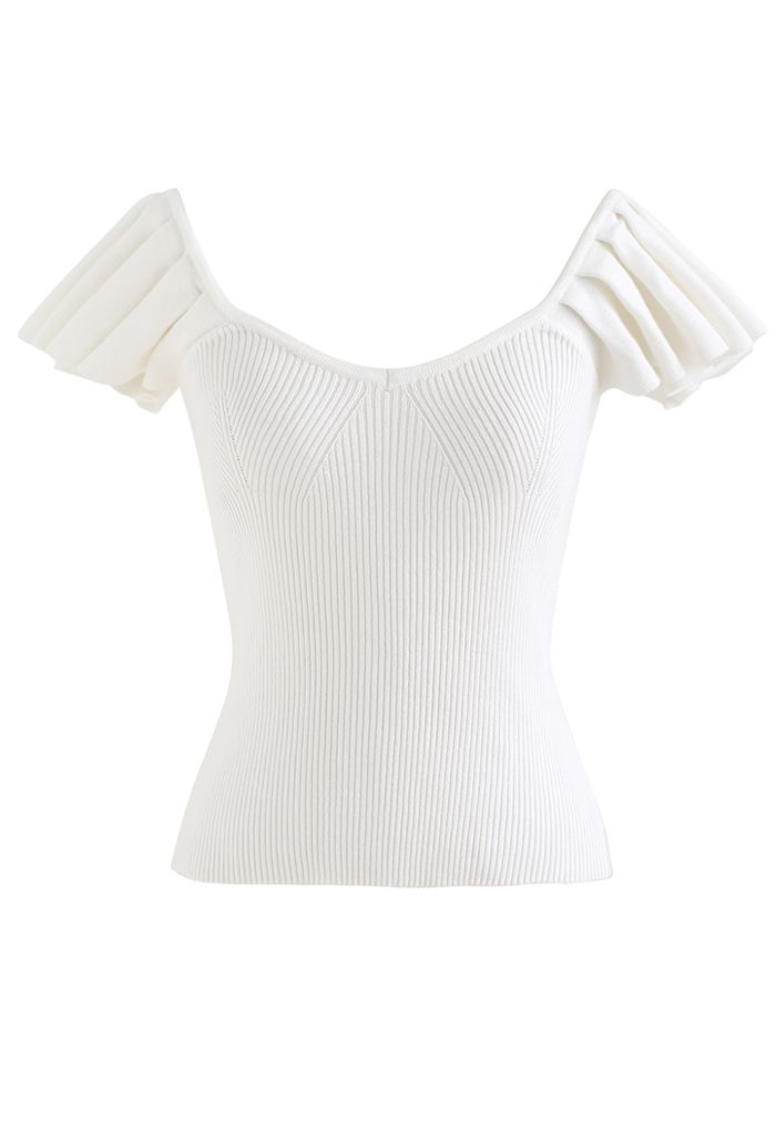 Flutter Sleeve Fitted Ribbed Knit Top in White