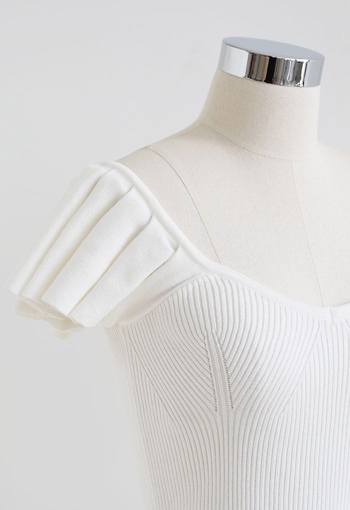 Flutter Sleeve Fitted Ribbed Knit Top in White