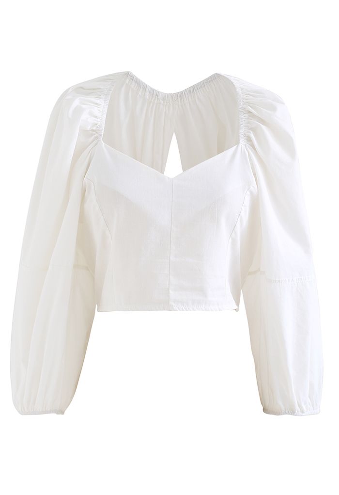Sweetheart Cutout Shirred Crop Top in White