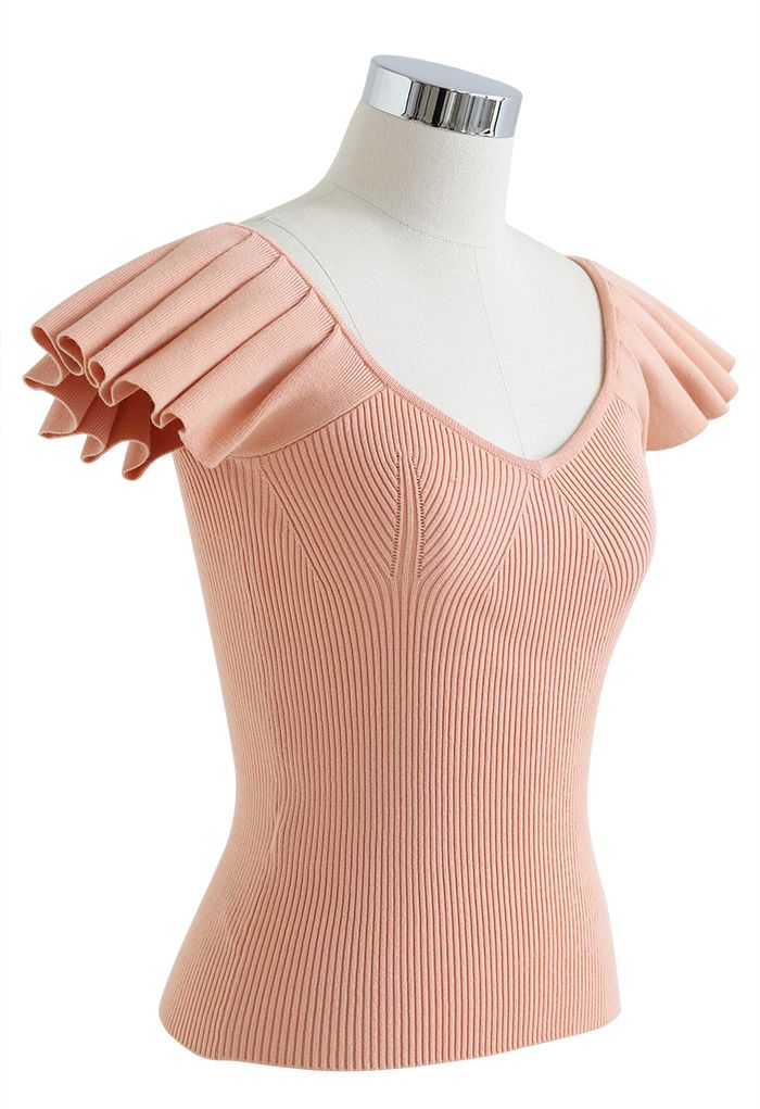 Flutter Sleeve Fitted Ribbed Knit Top in Coral