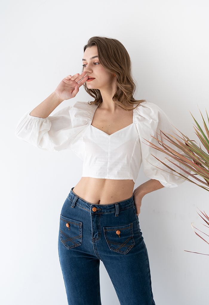 Sweetheart Cutout Shirred Crop Top in White