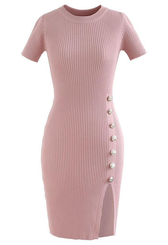 Button Embellished Slit Bodycon Knit Dress in Pink
