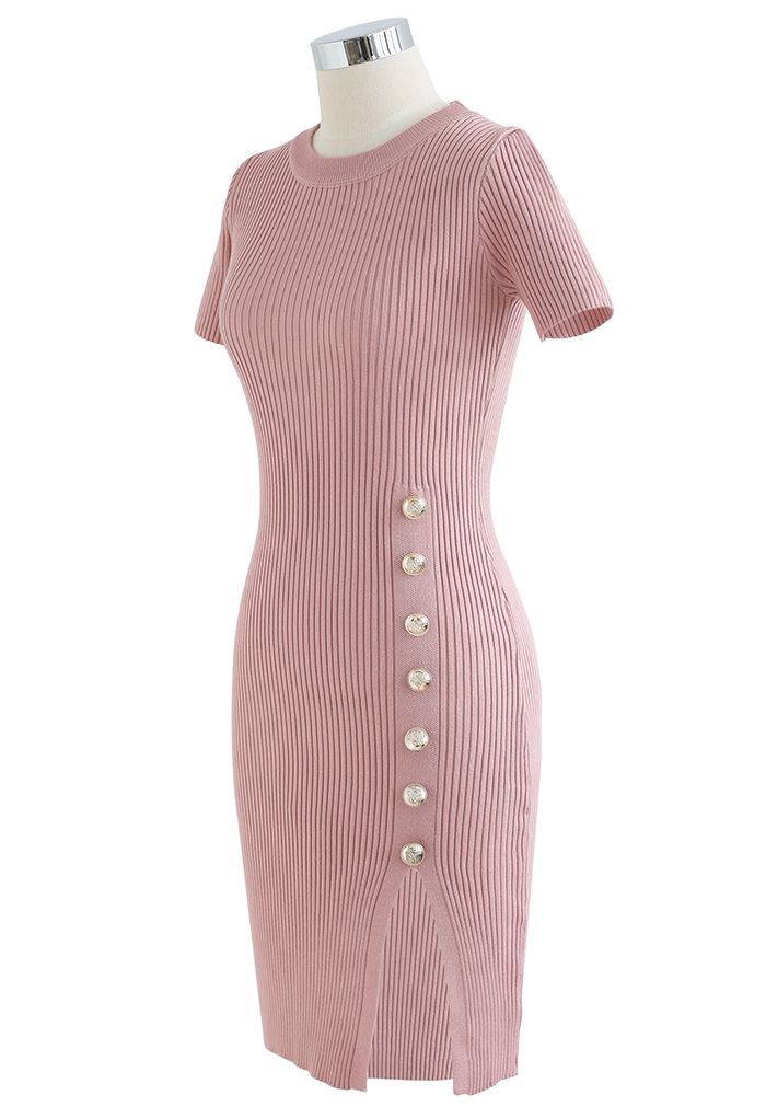 Button Embellished Slit Bodycon Knit Dress in Pink