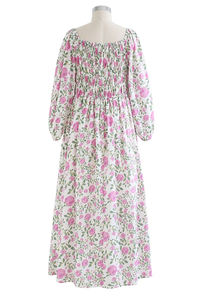Flowery Field Off-Shoulder Shirred Midi Dress in Pink - Retro, Indie ...