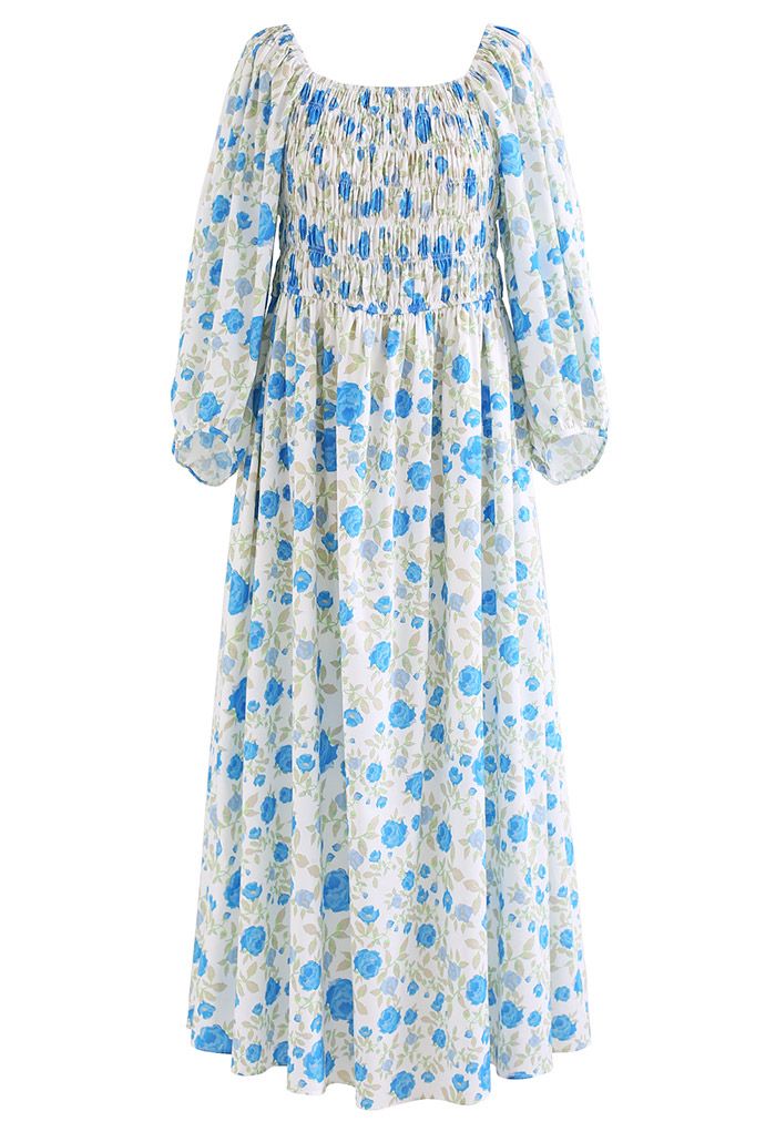 Flowery Field Off-Shoulder Shirred Midi Dress in Blue
