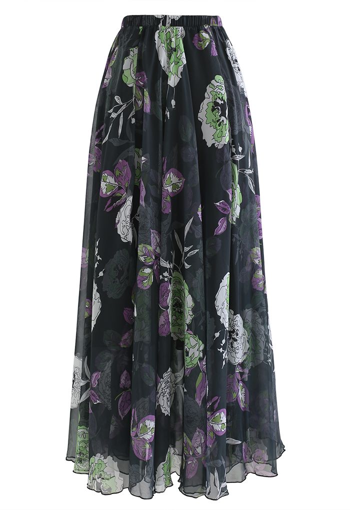 Color Sketch Blossom Chiffon Maxi Skirt - Retro, Indie and Unique Fashion