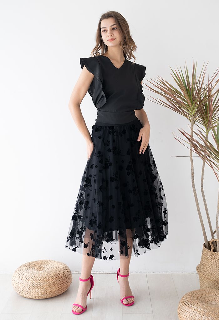 3D Posy Double-Layered Mesh Midi Skirt in Black
