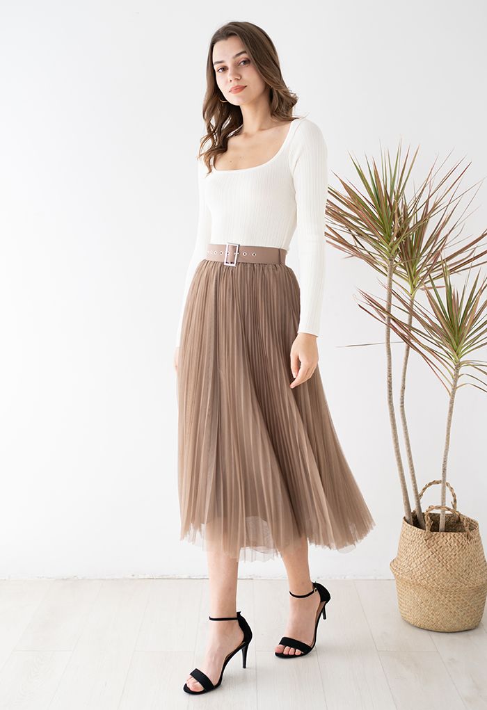 Full Pleated Double-Layered Mesh Midi Skirt in Brown