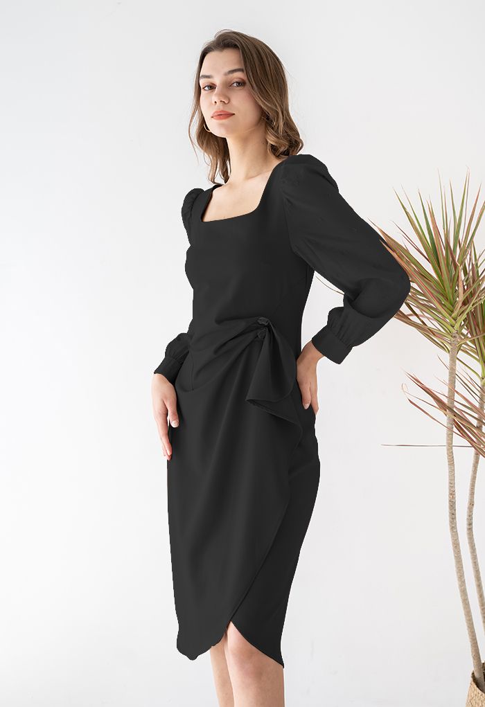 Buttoned Ruched Waist Flap Asymmetric Midi Dress in Black