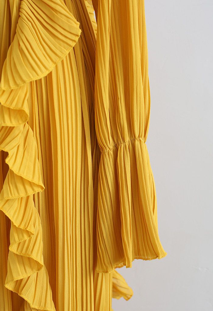 Breezy Ruffle Asymmetric Pleated Chiffon Maxi Dress in Mustard