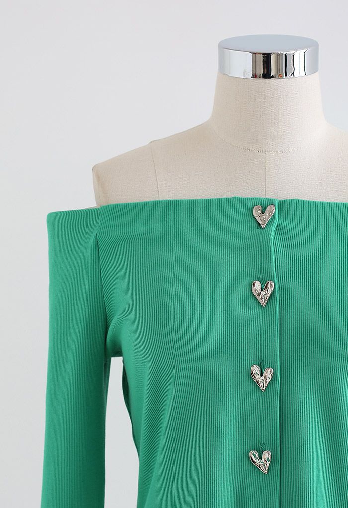 Silver Heart Button Off-Shoulder Crop Top in Green