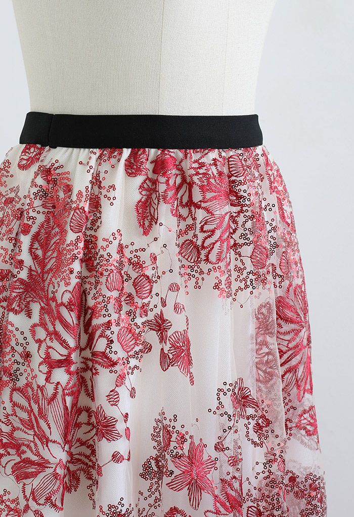 Sequined Flower Embroidered Mesh Midi Skirt in Red