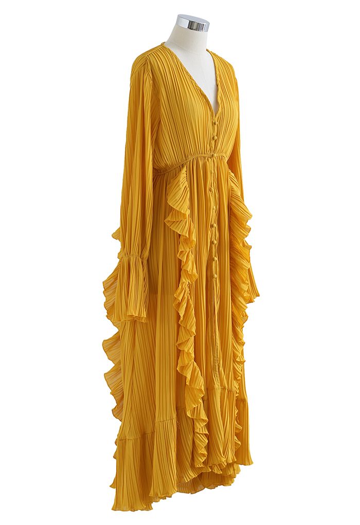 Breezy Ruffle Asymmetric Pleated Chiffon Maxi Dress in Mustard