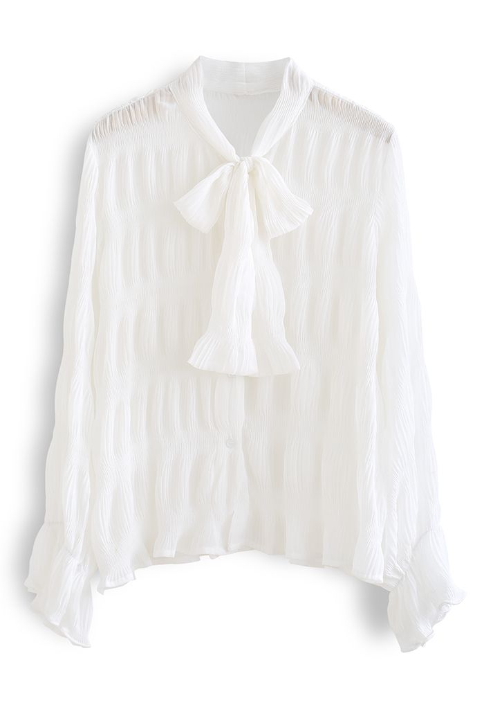 Bowknot Neck Shirred Semi-Sheer Shirt in White