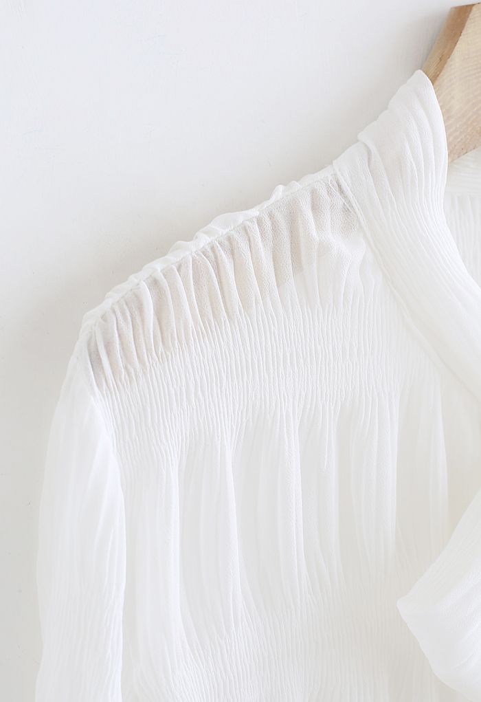 Bowknot Neck Shirred Semi-Sheer Shirt in White