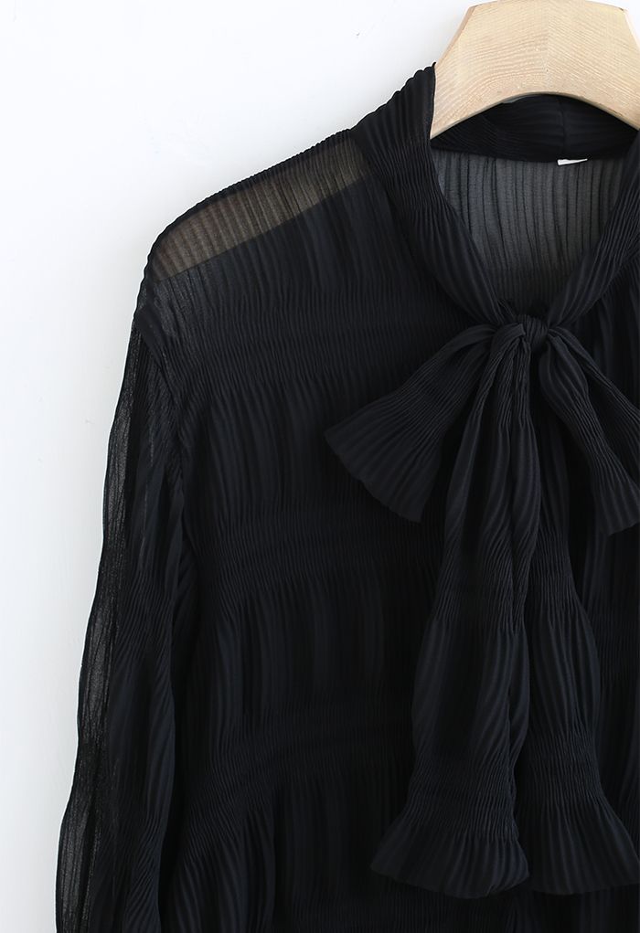 Bowknot Neck Shirred Semi-Sheer Shirt in Black - Retro, Indie and ...