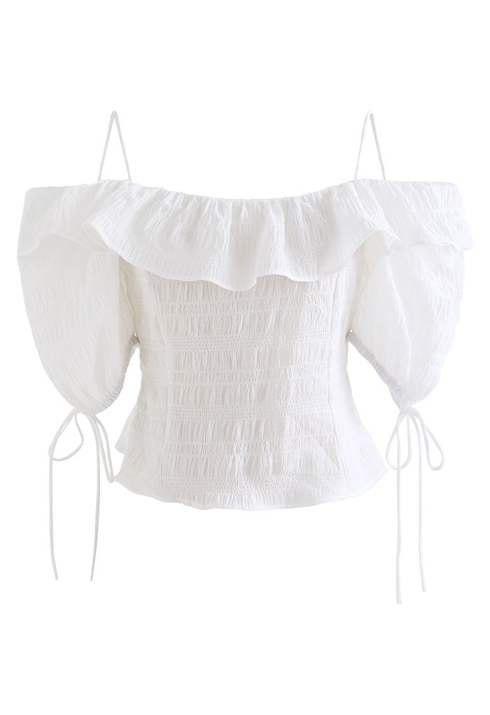 Ruffled Cold-Shoulder Embossed Crop Top in White