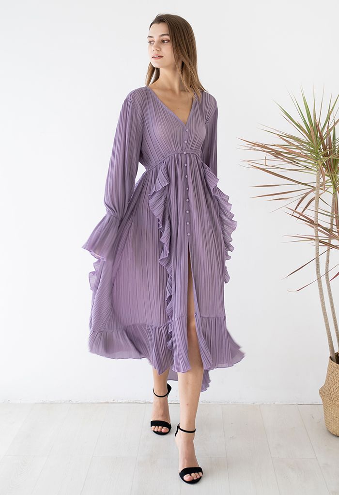 Breezy Ruffle Asymmetric Pleated Chiffon Maxi Dress in Lilac