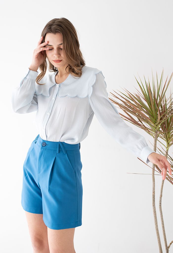 Scalloped Doll Collar Buttoned Shirt in Blue