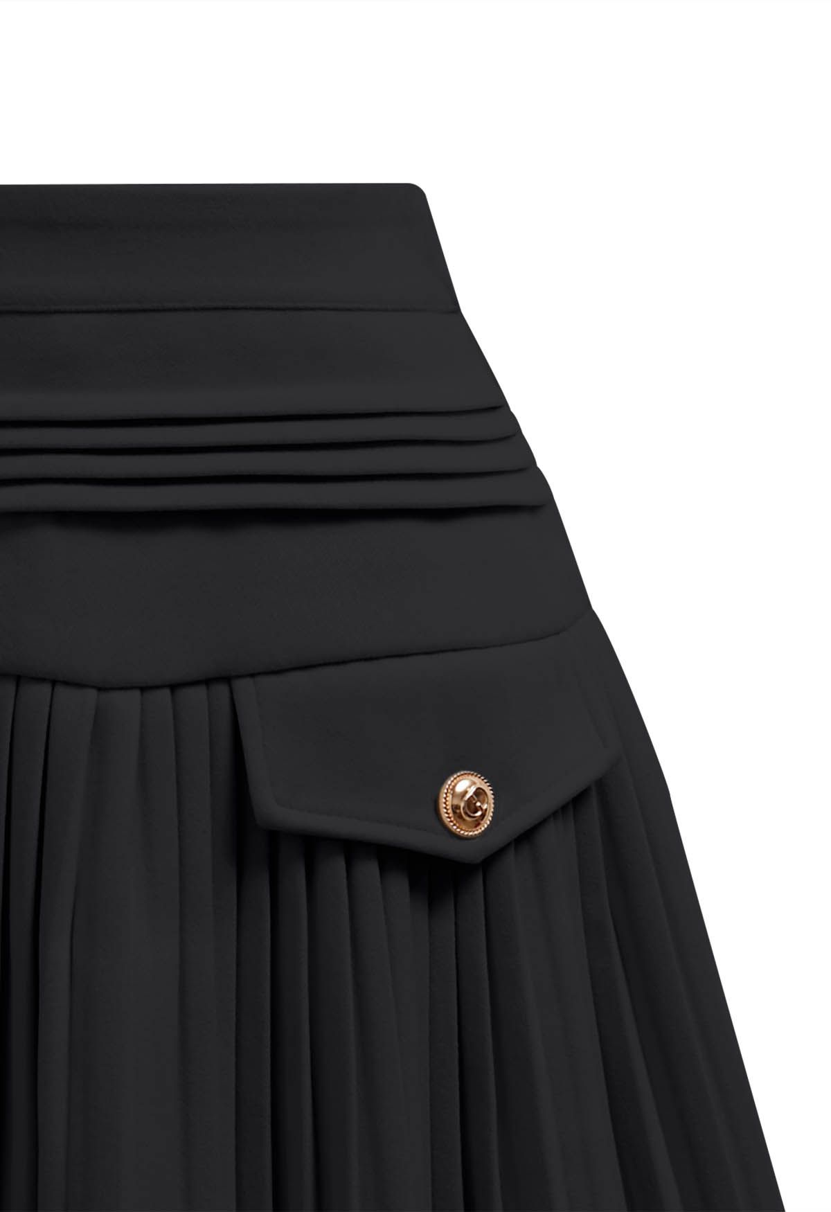 Golden Button Decorated Pleated Mini Skirt in Black