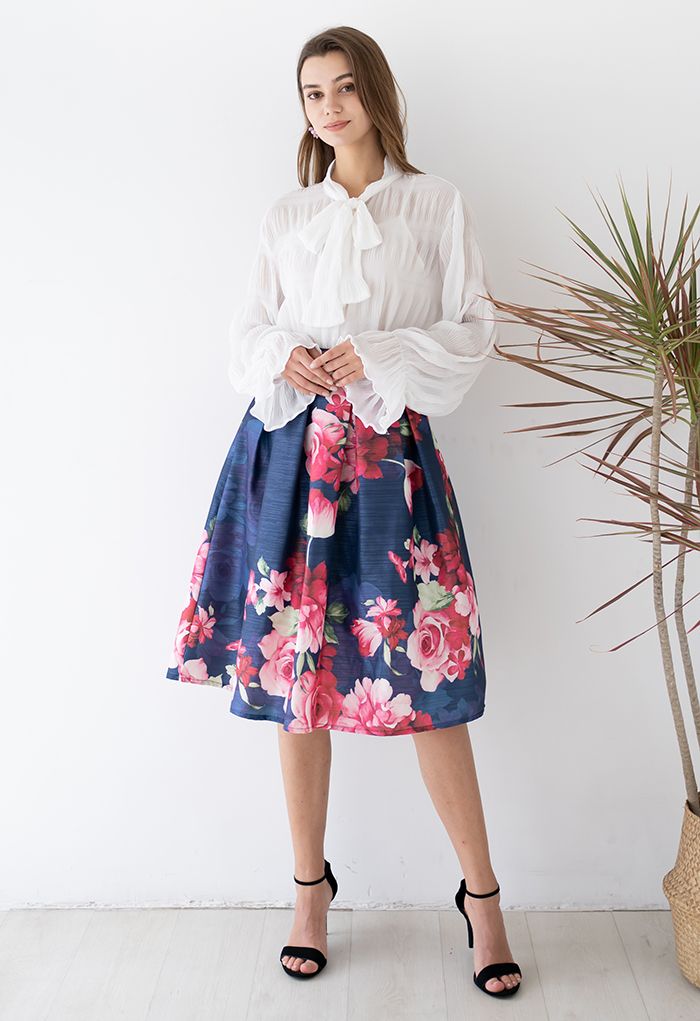 Blushing Peony Pleated Jacquard A-Line Skirt in Navy