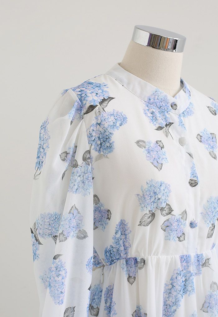 Hydrangea Print Cutout Waist Ruffle Mini Dress