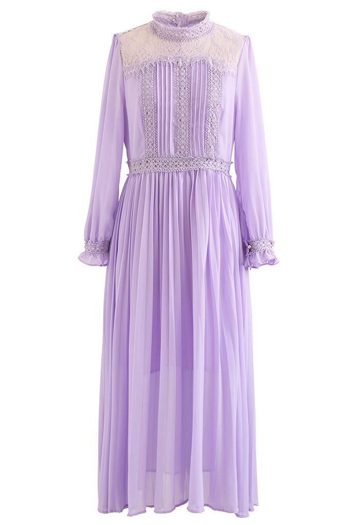 Lace Trim Mock Neck Pleated Chiffon Dress in Lilac
