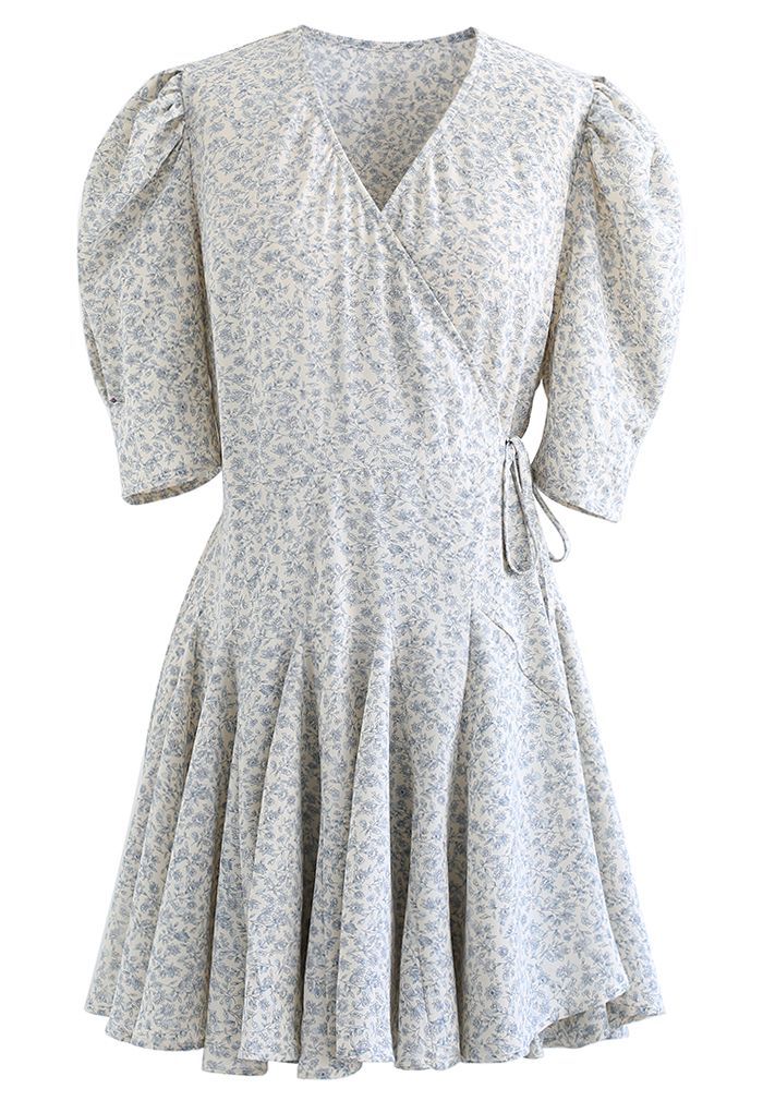 Retro Floral Panelled Edge Wrapped Frilling Dress in Light Blue