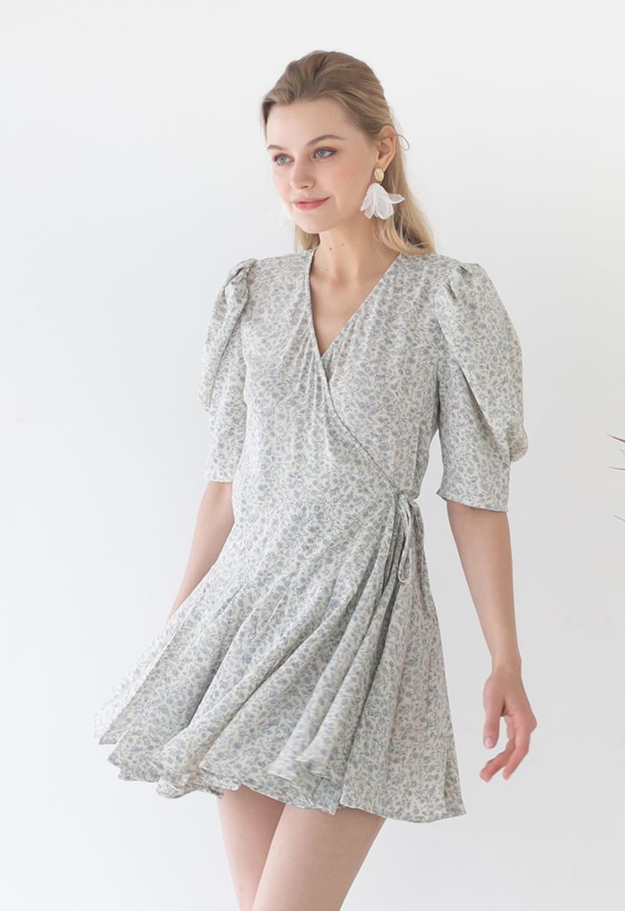 botanist Hr barriere Retro Floral Panelled Edge Wrapped Frilling Dress in Light Blue - Retro,  Indie and Unique Fashion