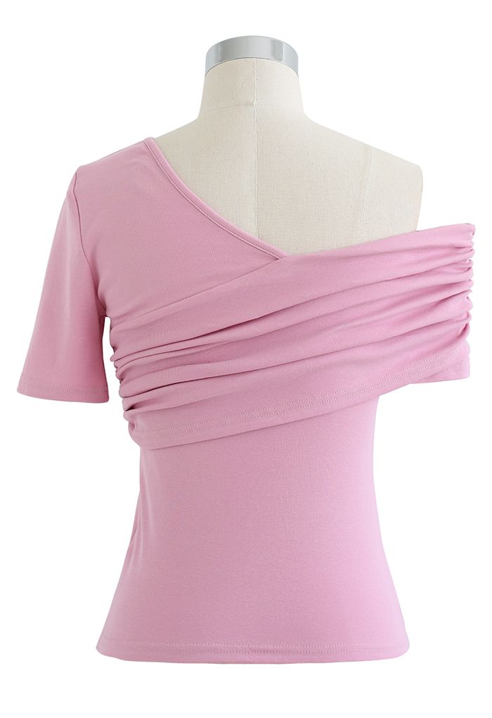 Oblique One-Shoulder Short Sleeve Top in Pink