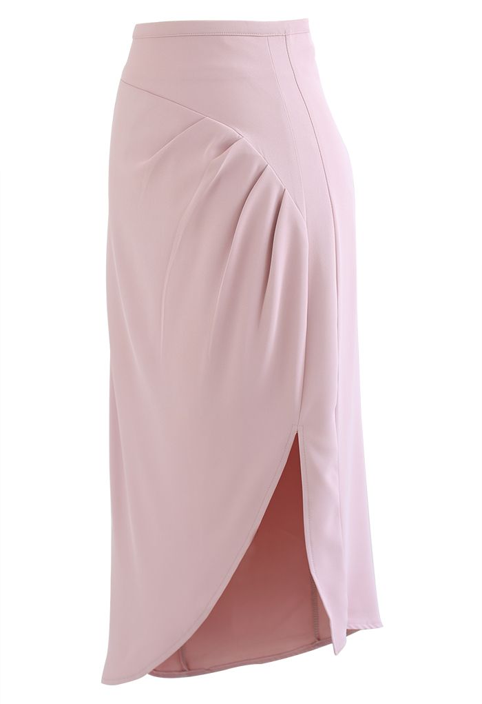 Side Ruched Asymmetric Pencil Skirt in Pink