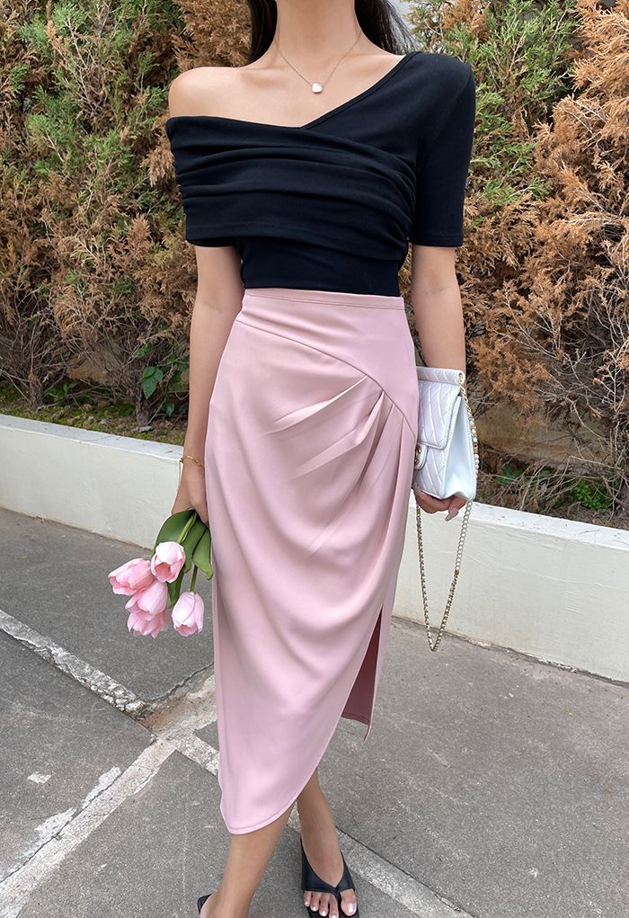 Side Ruched Asymmetric Pencil Skirt in Pink