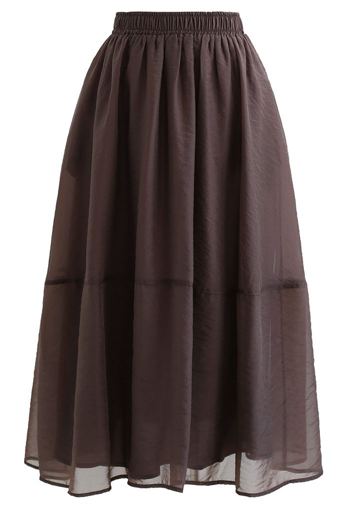 Pastel Color Organza A-Line Midi Skirt in Brown