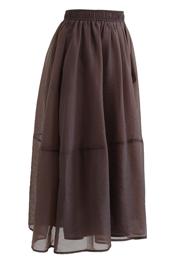 Pastel Color Organza A-Line Midi Skirt in Brown