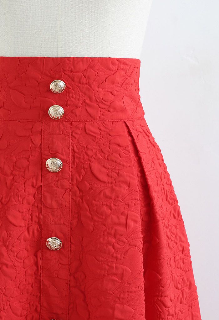 High Waist Button Down Embossed Midi Skirt in Red