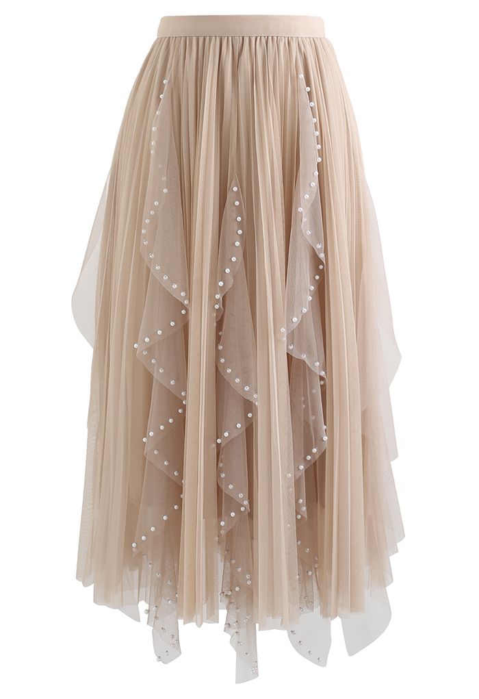 Scattered Bead Decor Pleated Tulle Skirt in Tan